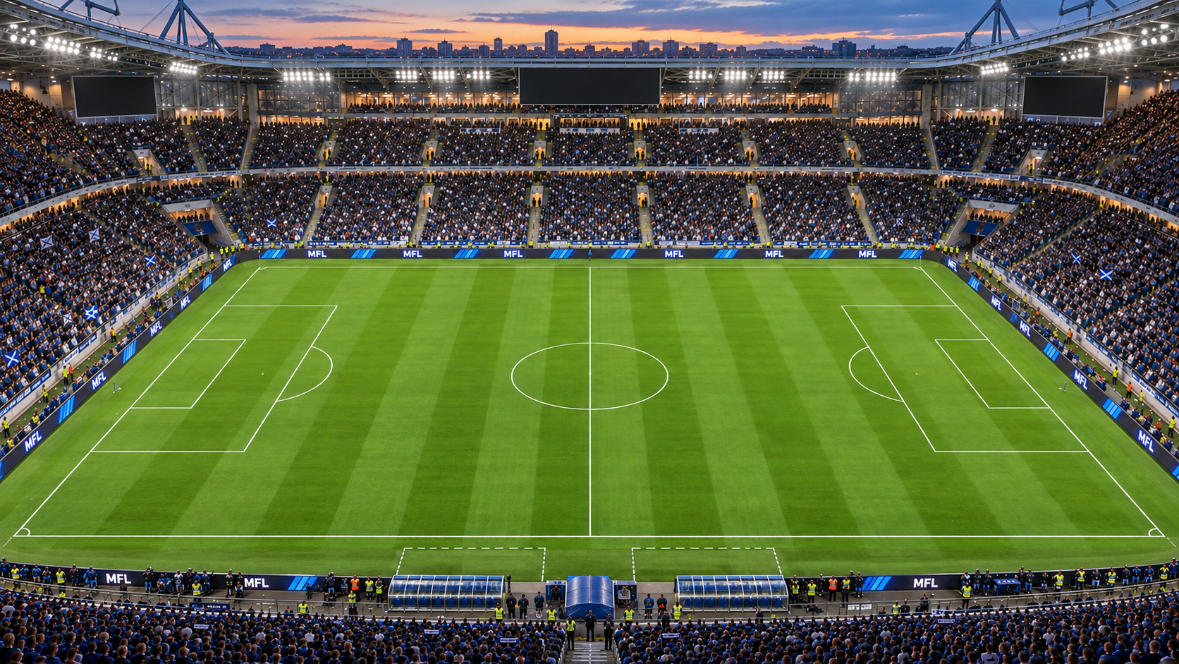 The 2.5D stadium with floodlights and a full crowd